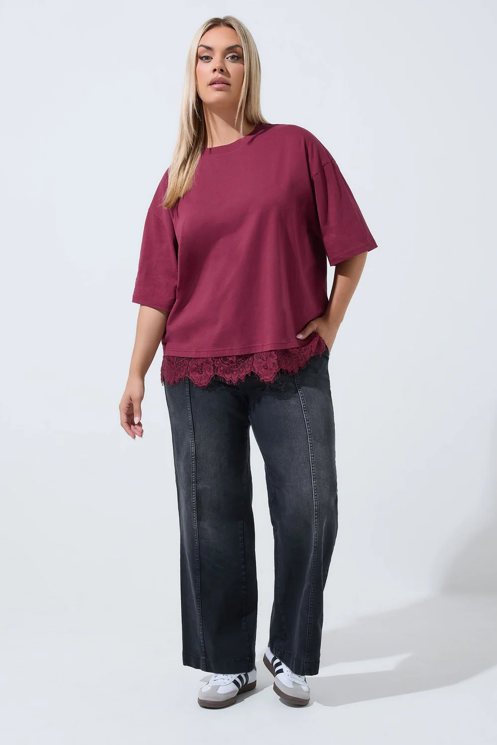 Yours Limited Curve Burgundy Red Oversized Lace Hem T-Shirt - 22-24 Image 3