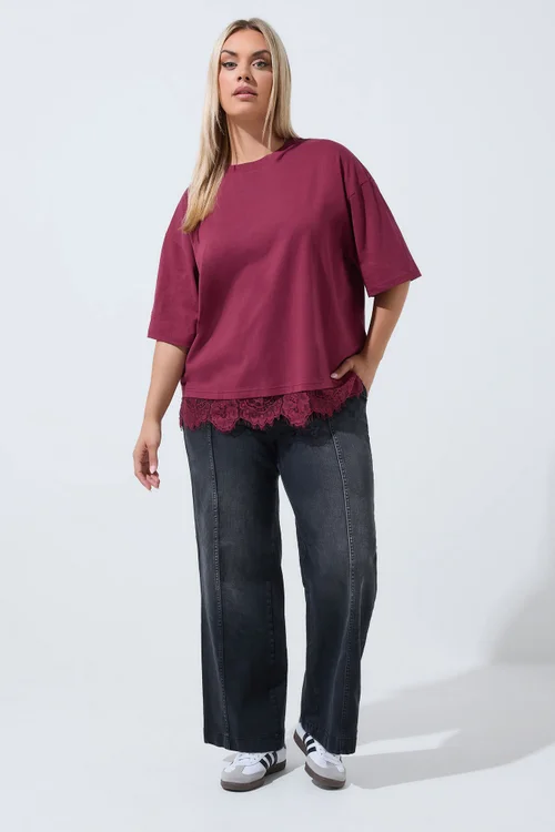 Yours Limited Curve Burgundy Red Oversized Lace Hem T-Shirt - 22-24 Image 3