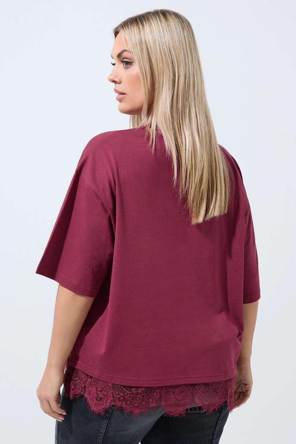 Yours Limited Curve Burgundy Red Oversized Lace Hem T-Shirt - 22-24 Image 5