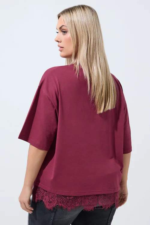 Yours Limited Curve Burgundy Red Oversized Lace Hem T-Shirt - 22-24 Image 5