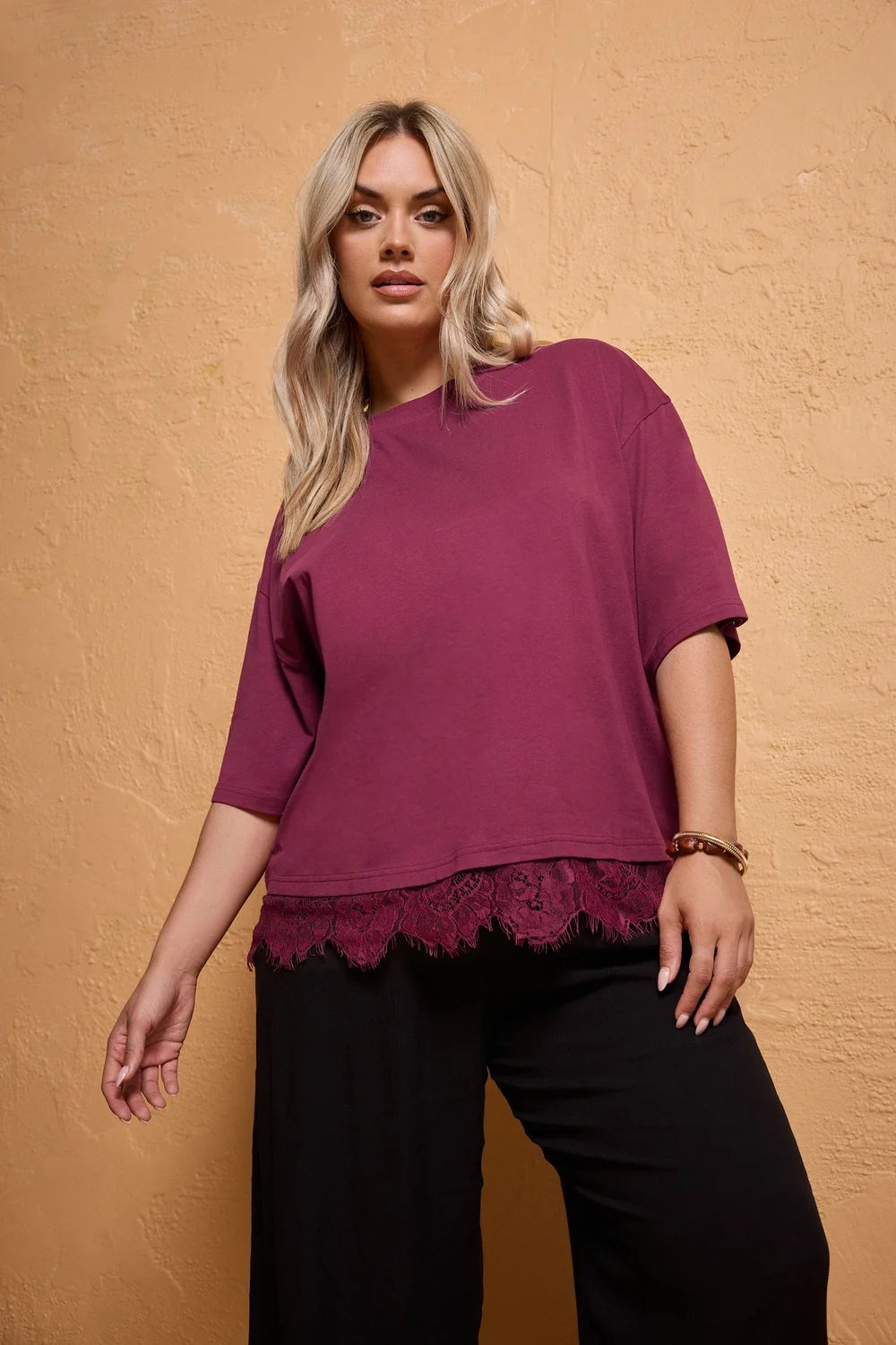 Yours Limited Curve Burgundy Red Oversized Lace Hem T-Shirt - 22-24 Image 1