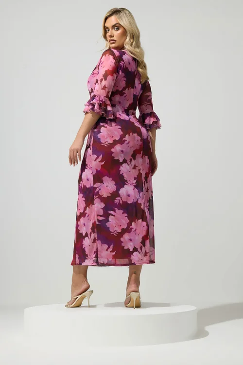 Yours London Curve Pink & Red Blurred Floral Keyhole Dress - 20 Image 3