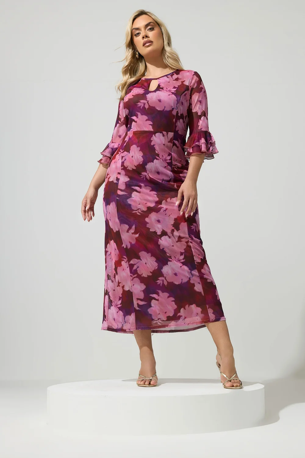 Yours London Curve Pink & Red Blurred Floral Keyhole Dress - 20 Image 1