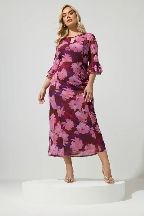 Yours London Curve Pink & Red Blurred Floral Keyhole Dress - 20 Image 1