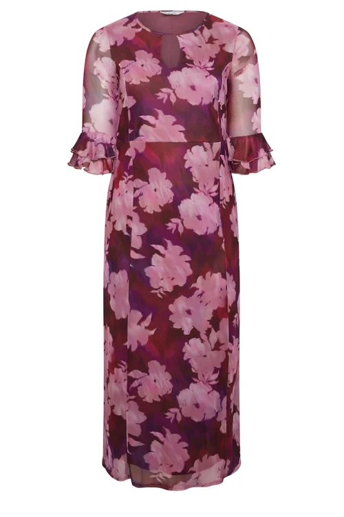 Yours London Curve Pink & Red Blurred Floral Keyhole Dress - 20 Image 5