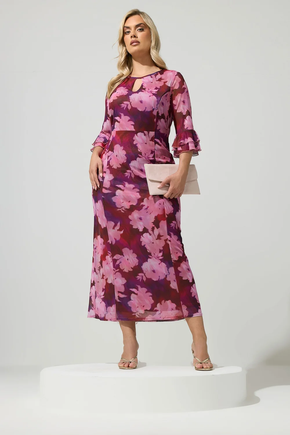 Yours London Curve Pink & Red Blurred Floral Keyhole Dress - 20 Image 2