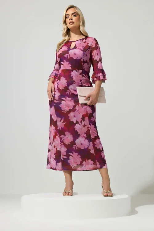 Yours London Curve Pink & Red Blurred Floral Keyhole Dress - 20 Image 2