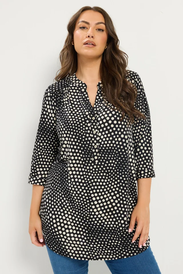 Yours Curve Black Polka Dot Half Placket Shirt
