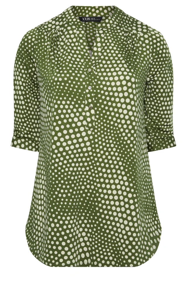 Yours Curve Green Polka Dot Half Placket Shirt