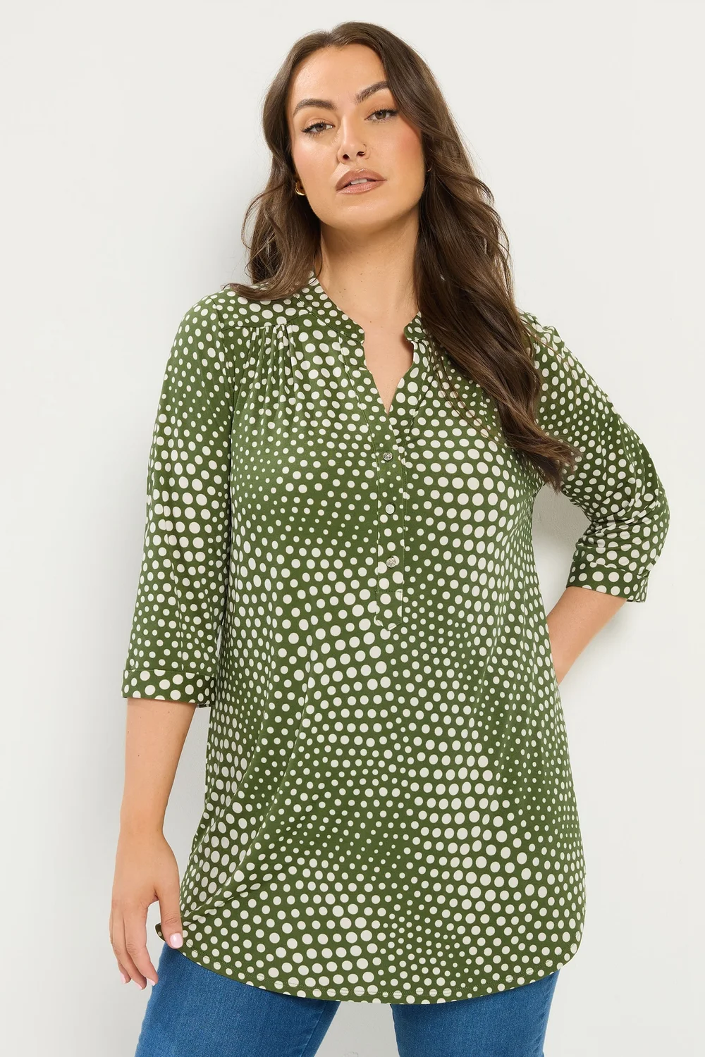 Yours Curve Green Polka Dot Half Placket Shirt - 20 Image 1