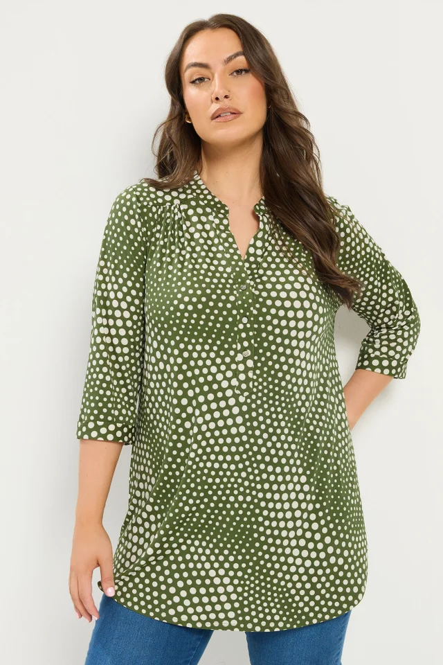 Yours Curve Green Polka Dot Half Placket Shirt