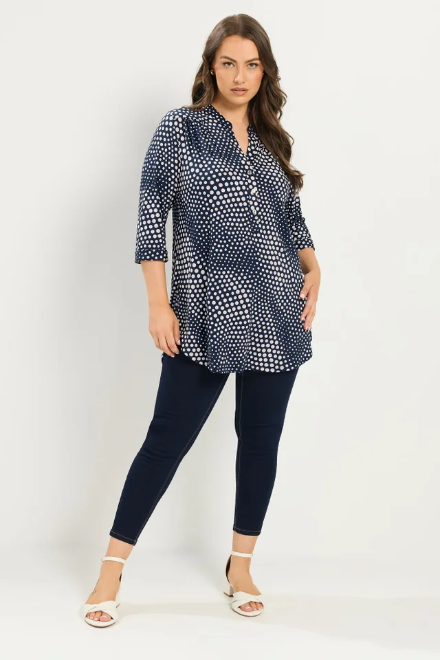 Yours Curve Navy Blue Polka Dot Half Placket Shirt
