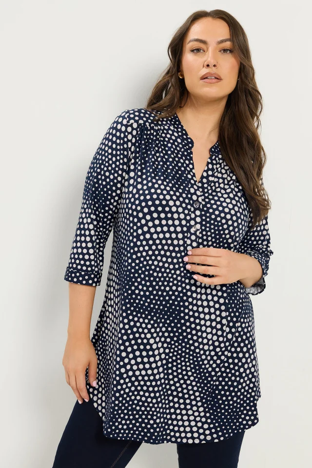 Yours Curve Navy Blue Polka Dot Half Placket Shirt