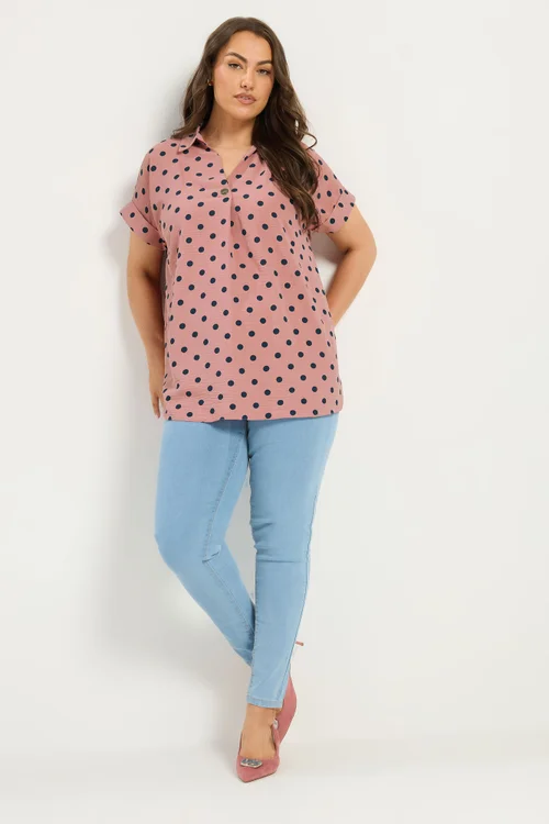 Yours Curve Pink Polka Dot Pleat Front Shirt - 26-28 Image 3