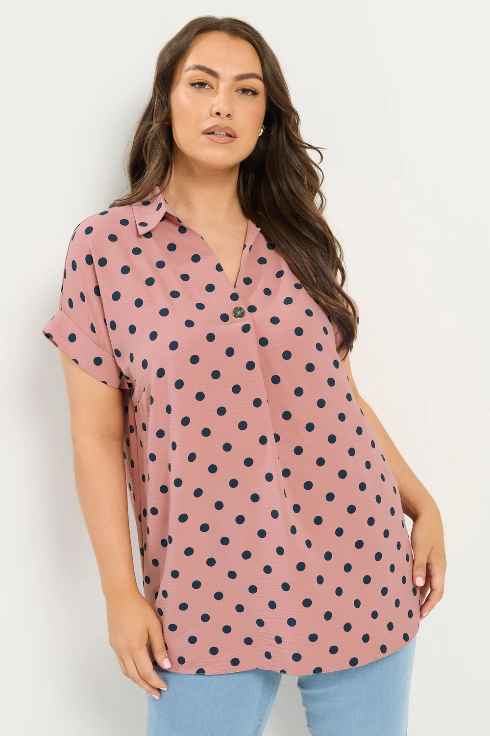Yours Curve Pink Polka Dot Pleat Front Shirt - 26-28 Image 1