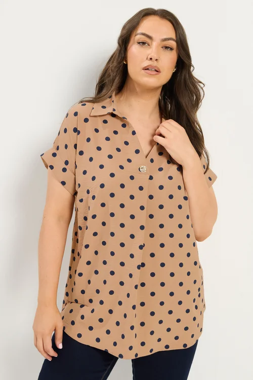 Yours Curve Natural Brown Polka Dot Pleat Front Shirt - 22-24 Image 1