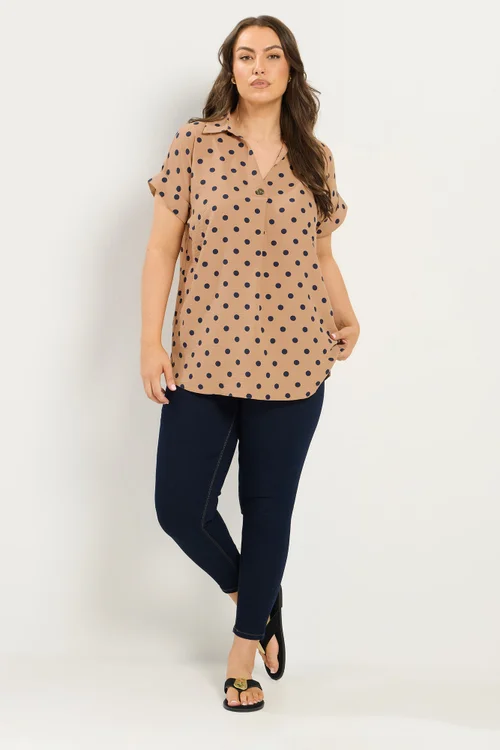 Yours Curve Natural Brown Polka Dot Pleat Front Shirt - 22-24 Image 3