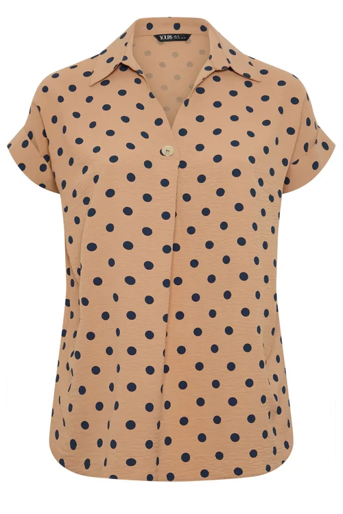Yours Curve Natural Brown Polka Dot Pleat Front Shirt - 22-24 Image 2