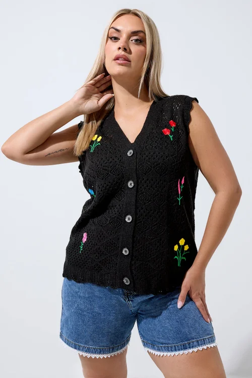 Yours Limited Curve Black Floral Embroidered Knitted Waistcoat - 10-12 Image 1