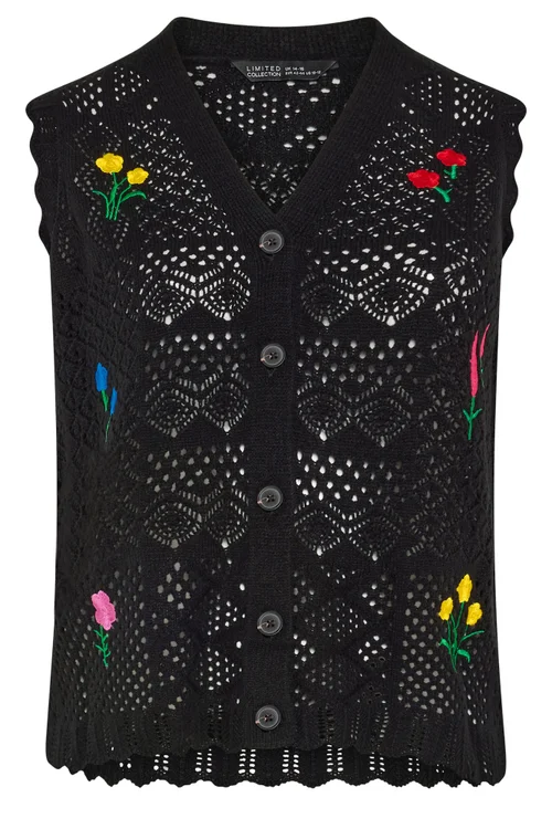 Yours Limited Curve Black Floral Embroidered Knitted Waistcoat - 10-12 Image 5