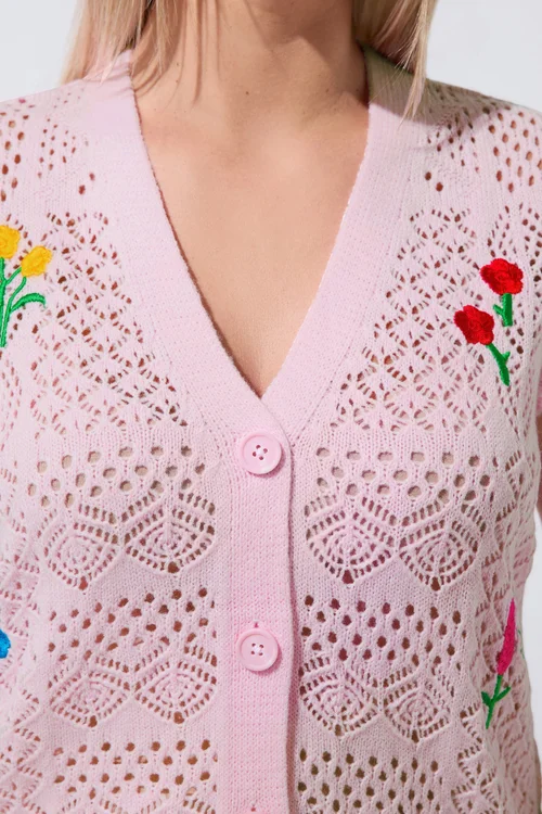 Yours Limited Collection Curve Pink Floral Knitted Waistcoat - 18-20 Image 4