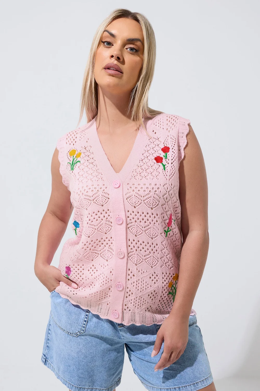 Yours Limited Collection Curve Pink Floral Knitted Waistcoat - 18-20 Image 1