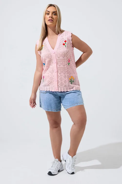 Yours Limited Collection Curve Pink Floral Knitted Waistcoat - 18-20 Image 2