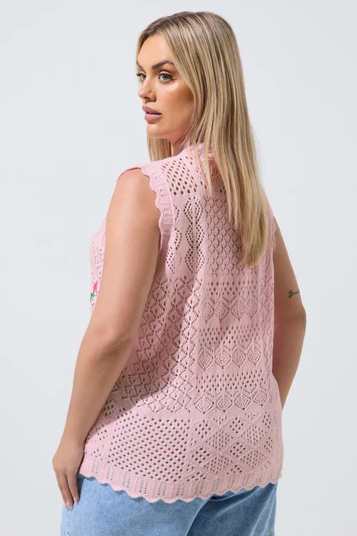 Yours Limited Collection Curve Pink Floral Knitted Waistcoat - 18-20 Image 3