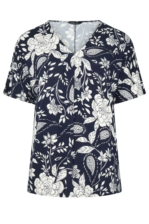 Yours Curve Navy Blue Floral Print Pleat Front Top - 22-24 Image 5