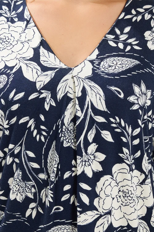 Yours Curve Navy Blue Floral Print Pleat Front Top - 22-24 Image 4