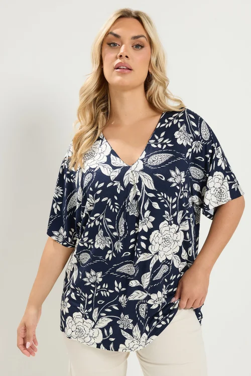 Yours Curve Navy Blue Floral Print Pleat Front Top - 22-24 Image 1