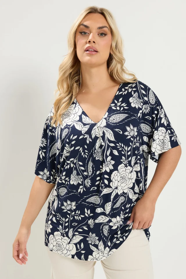 Yours Curve Navy Blue Floral Print Pleat Front Top