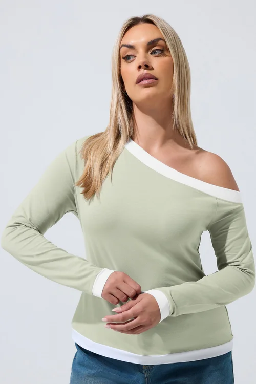 Yours Limited Collection Curve Sage Green Contrast Off Shoulder Top - 16 Image 1