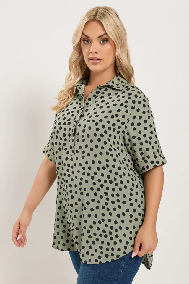 Yours Curve Khaki Green Polka Dot Half Placket Shirt