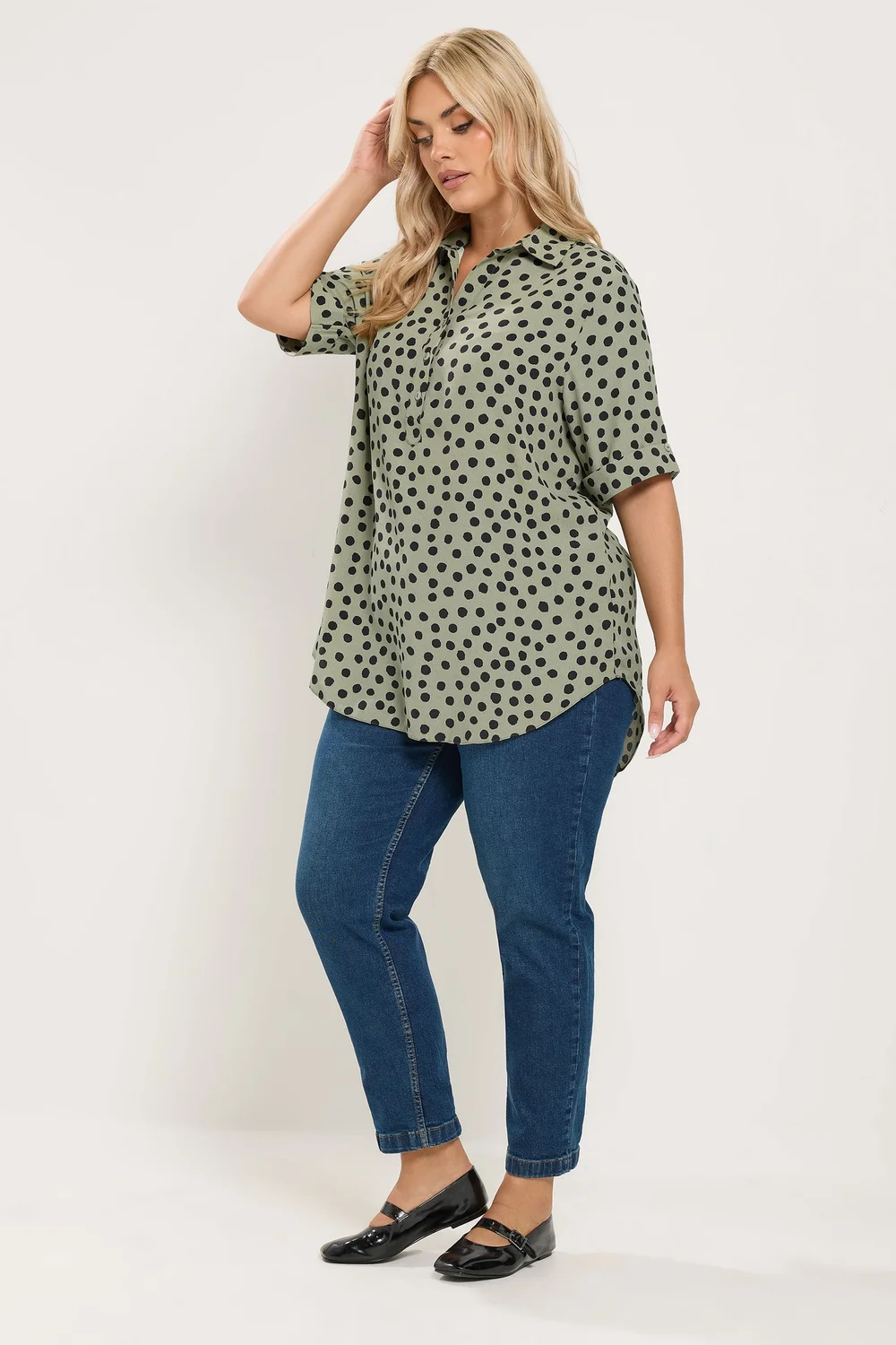 Yours Curve Khaki Green Polka Dot Half Placket Shirt - 20 Image 2