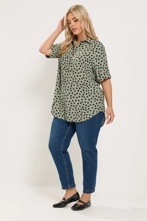 Yours Curve Khaki Green Polka Dot Half Placket Shirt - 20 Image 2