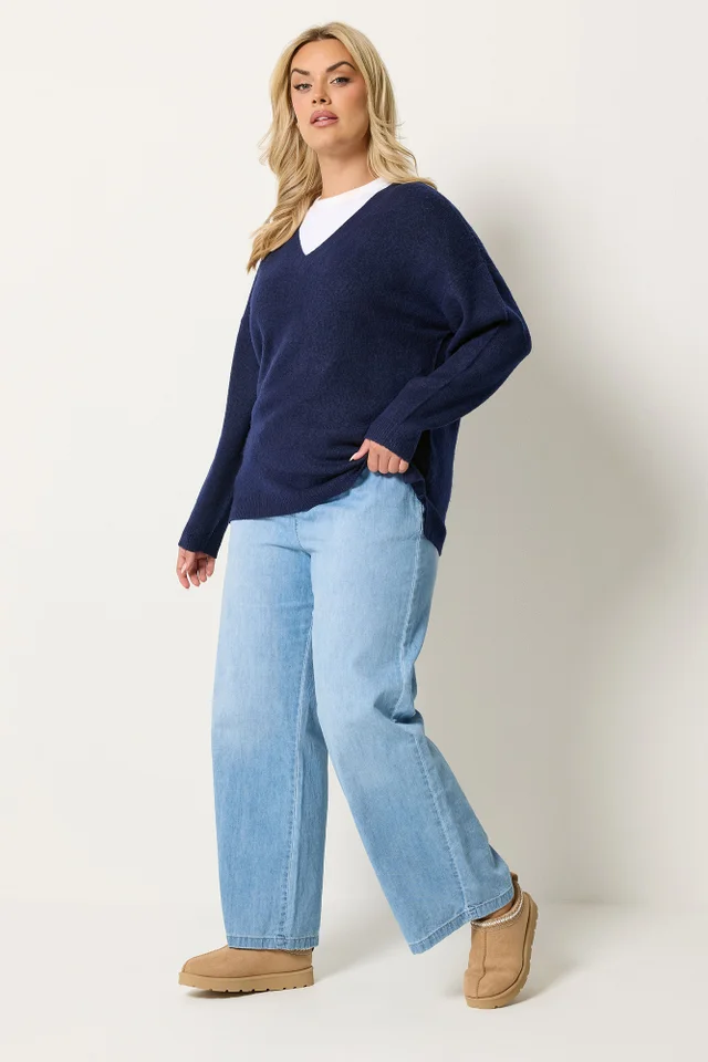 Yours Curve Navy Blue V-Neck Soft Touch Jumper