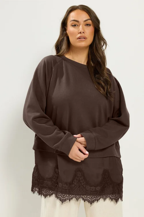 Yours Curve Chocolate Brown Lace 2-In-1 Jumper - 16 Image 2