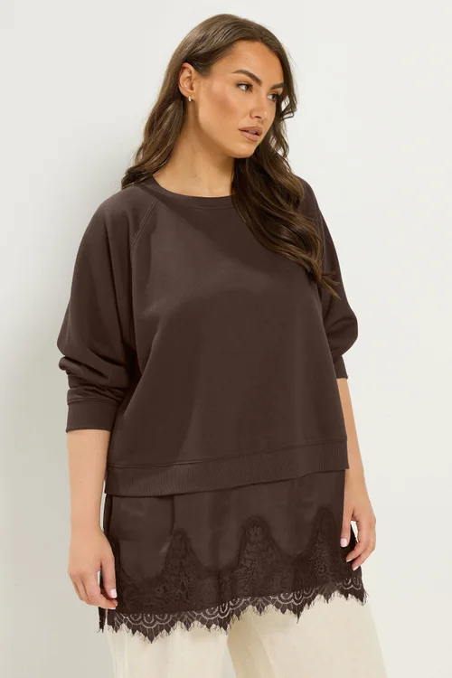 Yours Curve Chocolate Brown Lace 2-In-1 Jumper - 16 Image 1