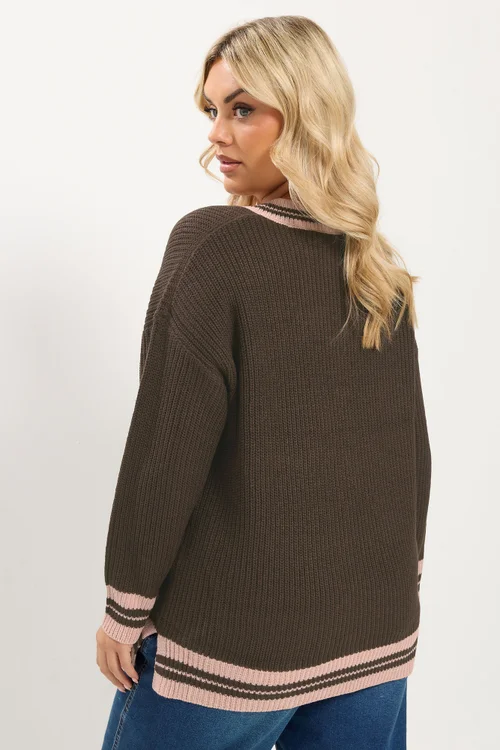 Yours Curve Chocolate Brown Contrast Knitted Jumper - 34-36 Image 3