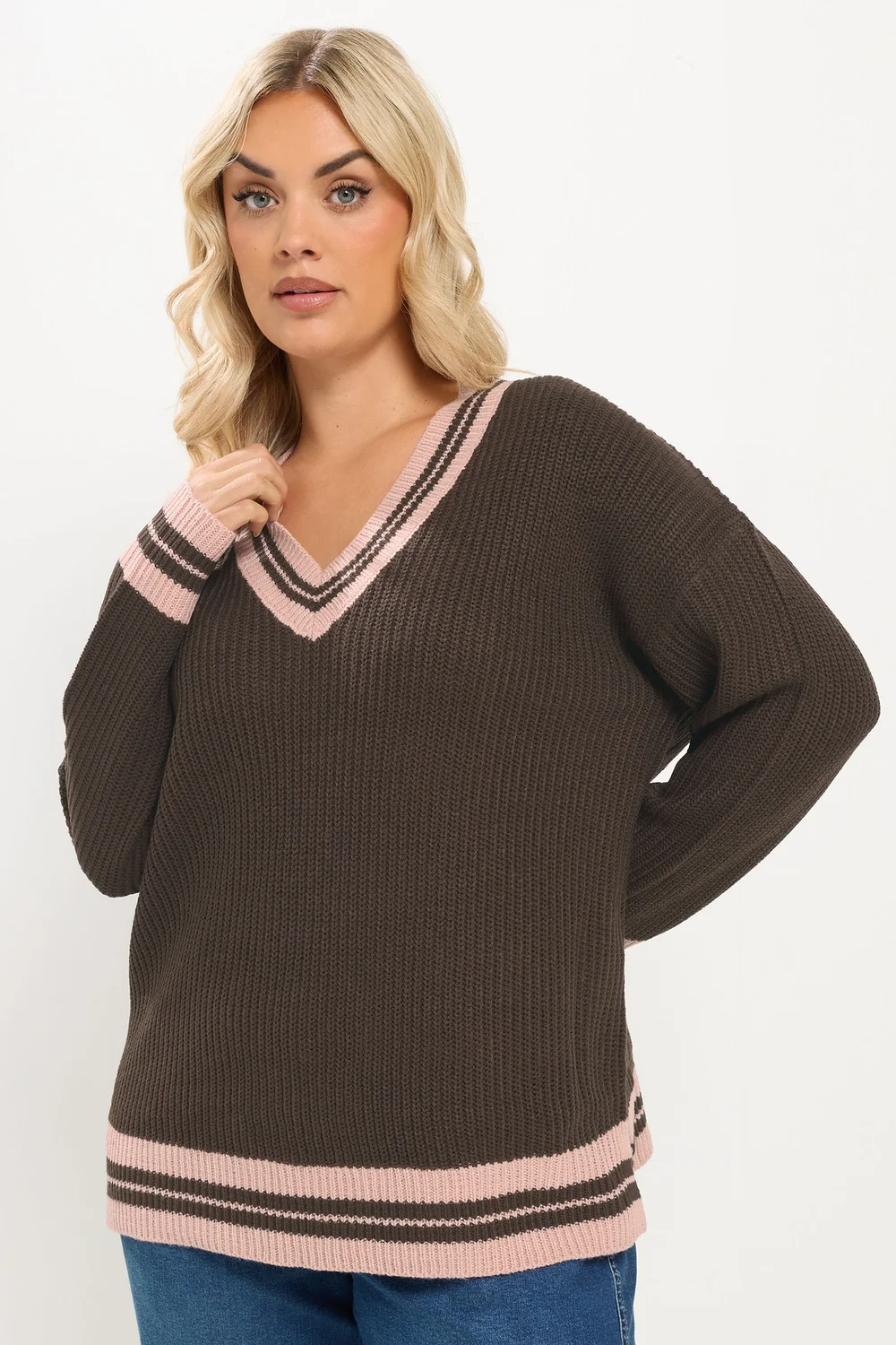 Yours Curve Chocolate Brown Contrast Knitted Jumper - 34-36 Image 1