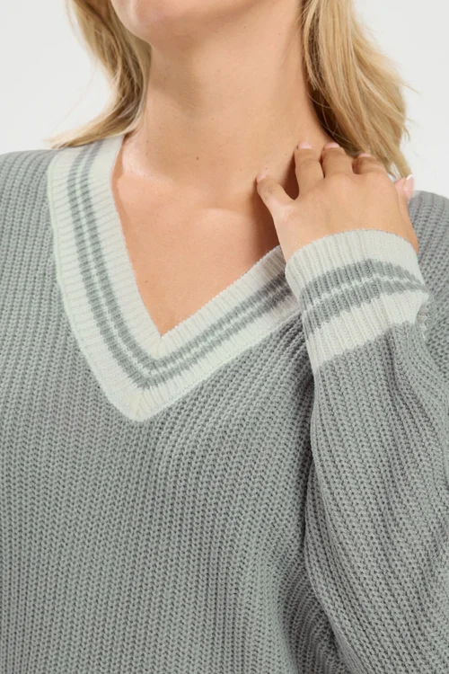 Yours Curve Grey & White Knitted Tennis Jumper - 34-36 Image 4