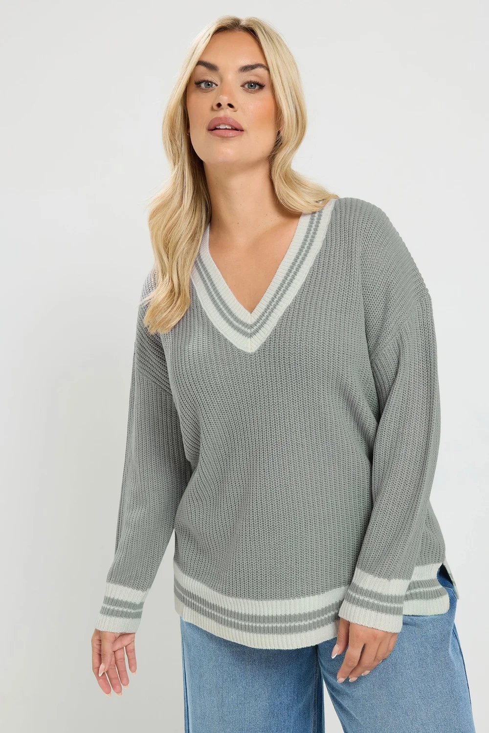 Yours Curve Grey & White Knitted Tennis Jumper - 34-36 Image 1