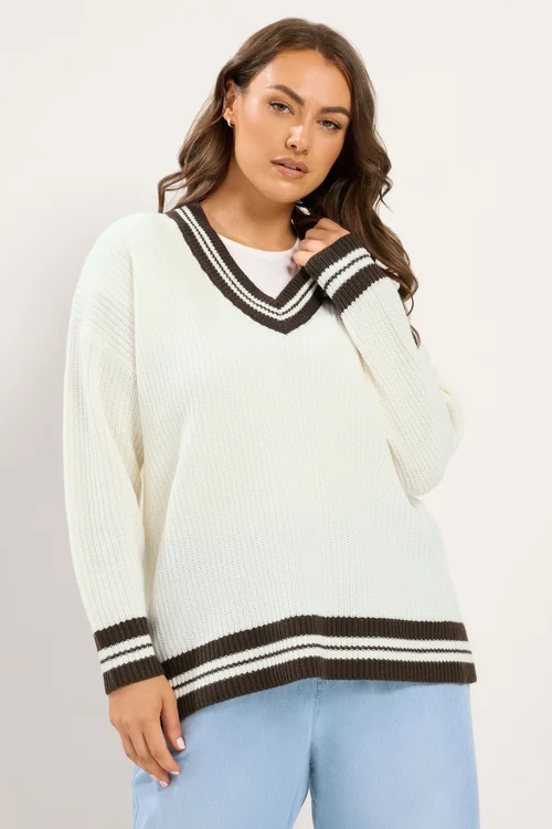 Yours Curve White & Brown Knitted Tennis Jumper - 26-28 Image 1