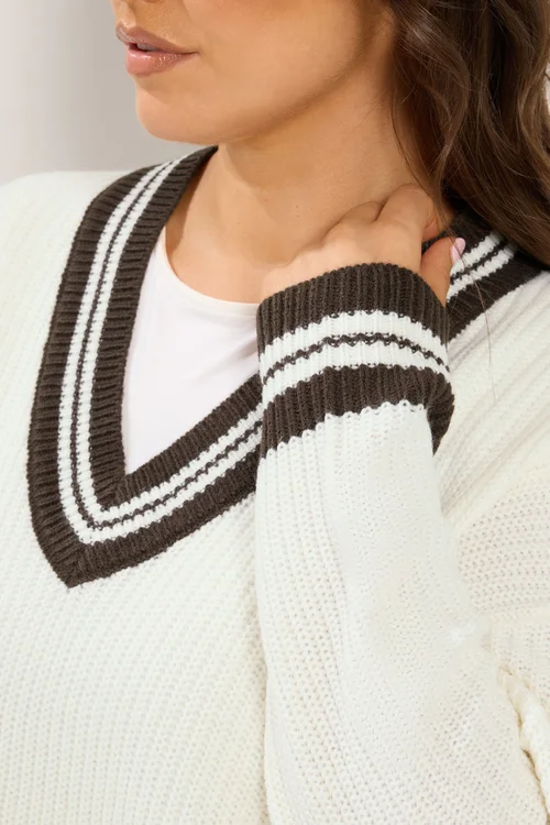 Yours Curve White & Brown Knitted Tennis Jumper - 26-28 Image 4
