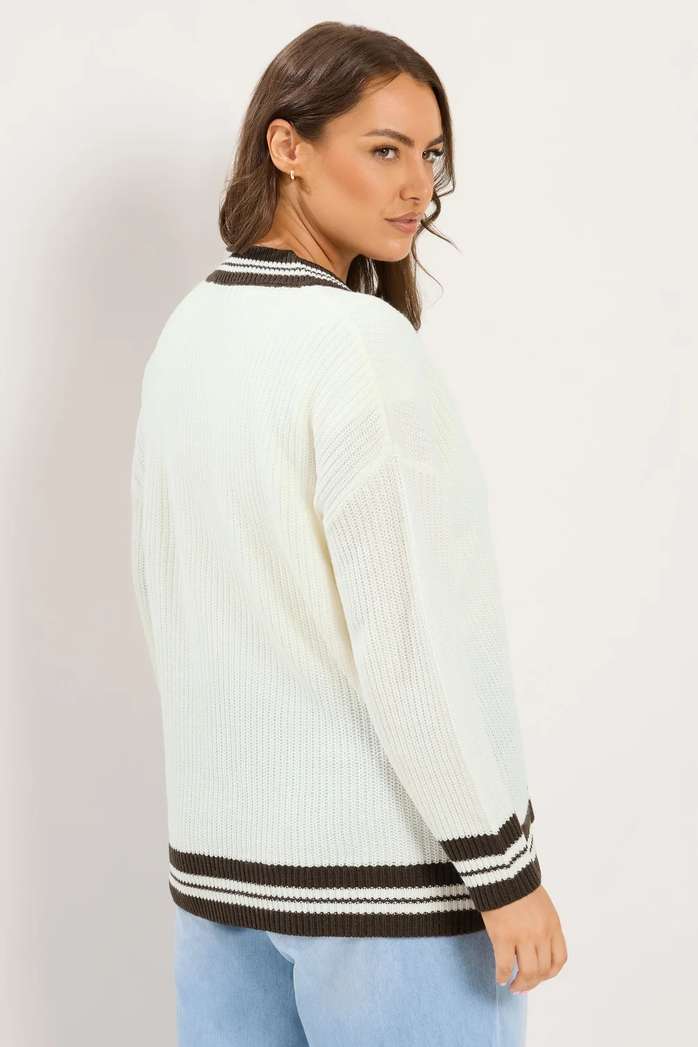 Yours Curve White & Brown Knitted Tennis Jumper - 26-28 Image 3