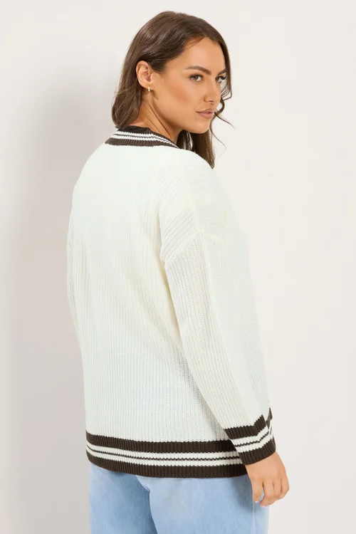 Yours Curve White & Brown Knitted Tennis Jumper - 26-28 Image 3