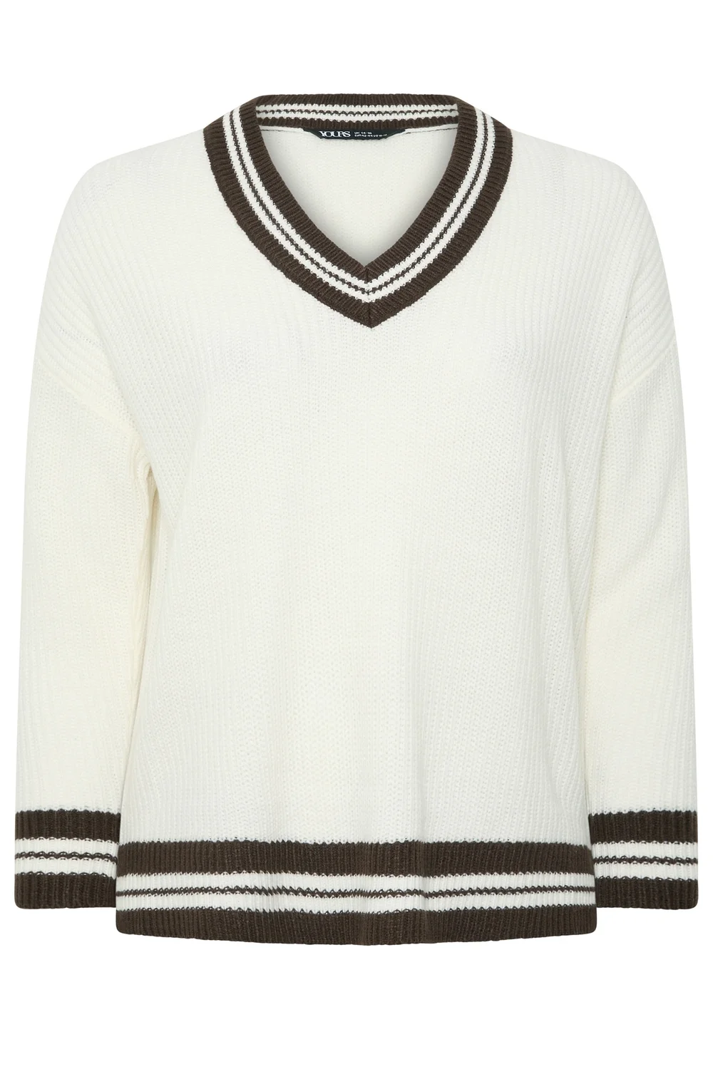 Yours Curve White & Brown Knitted Tennis Jumper - 26-28 Image 5