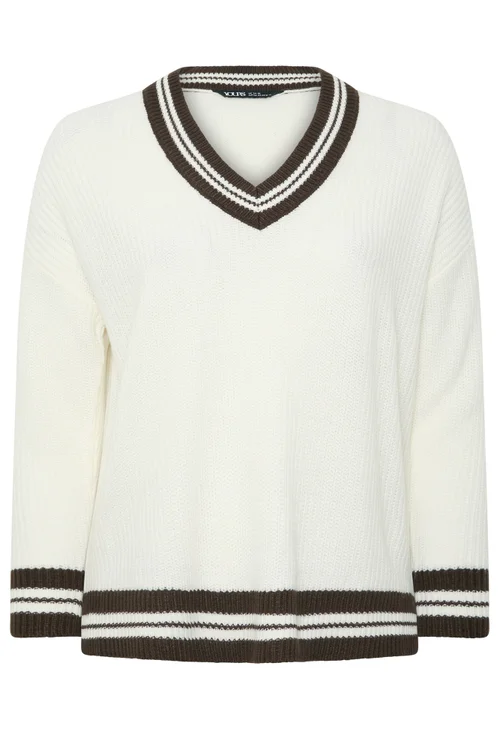 Yours Curve White & Brown Knitted Tennis Jumper - 26-28 Image 5