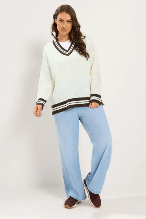Yours Curve White & Brown Knitted Tennis Jumper - 26-28 Image 2